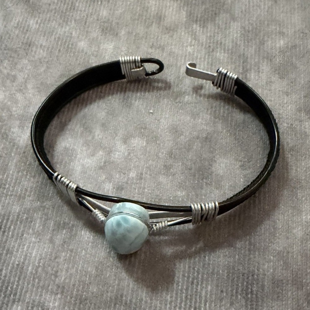 Leather & Metal Cuff Bracelet, Wire Wrap Round Blue Stone, Hook Closure
